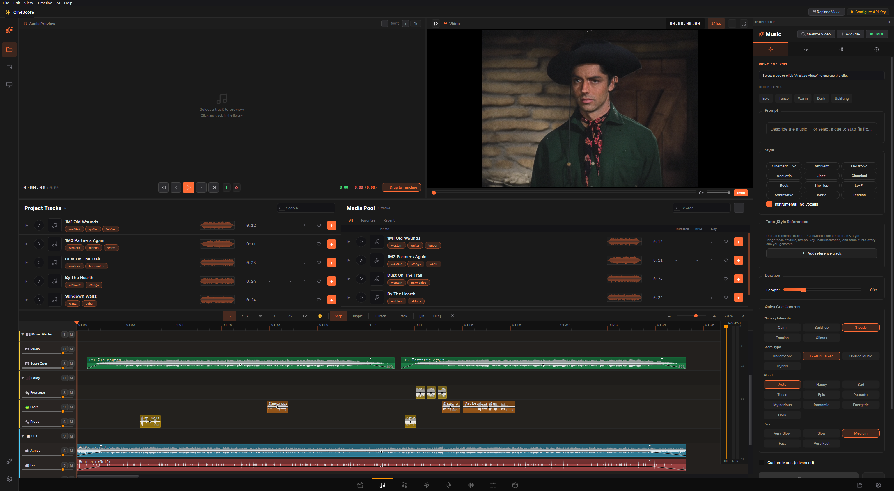 CineScore workspace showing a film preview, music cues and a layered timeline of score, Foley and sound effects