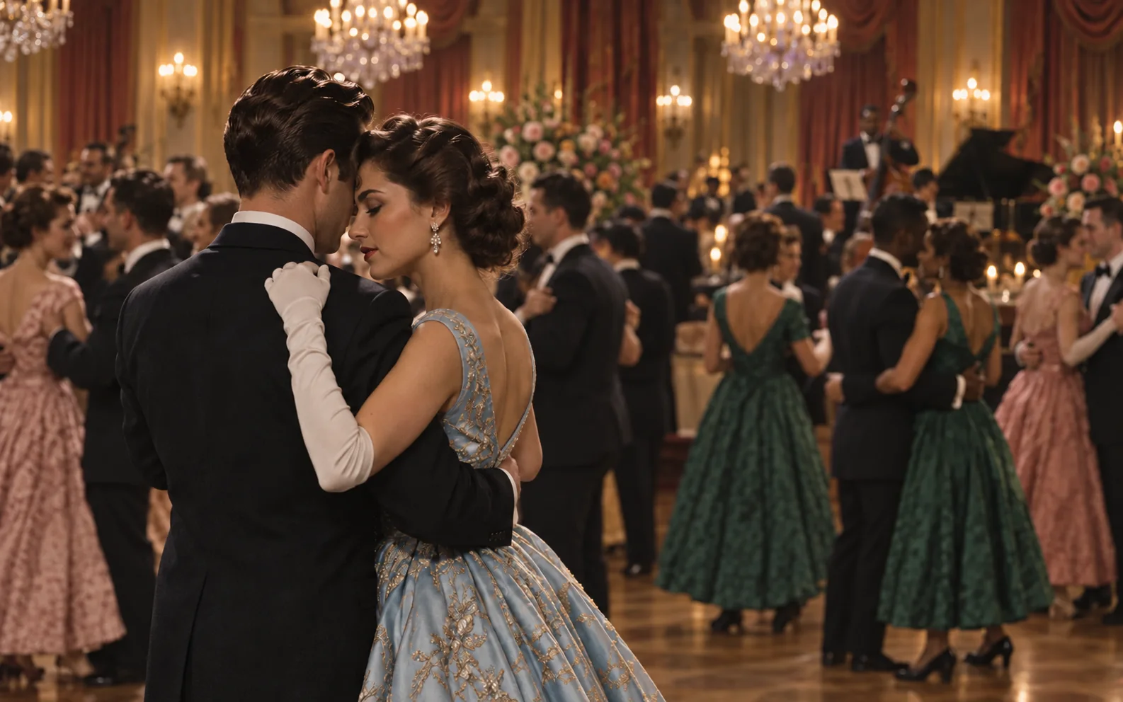 Representative 1950s ballroom film frame transitioning from monochrome to colour