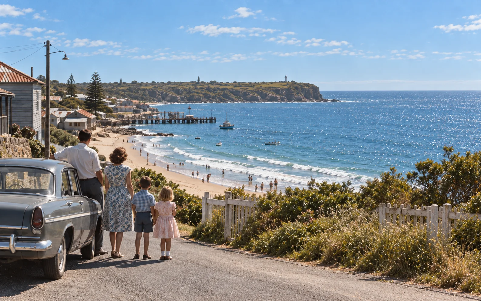Representative 1960s coastal film frame transitioning from monochrome to colour