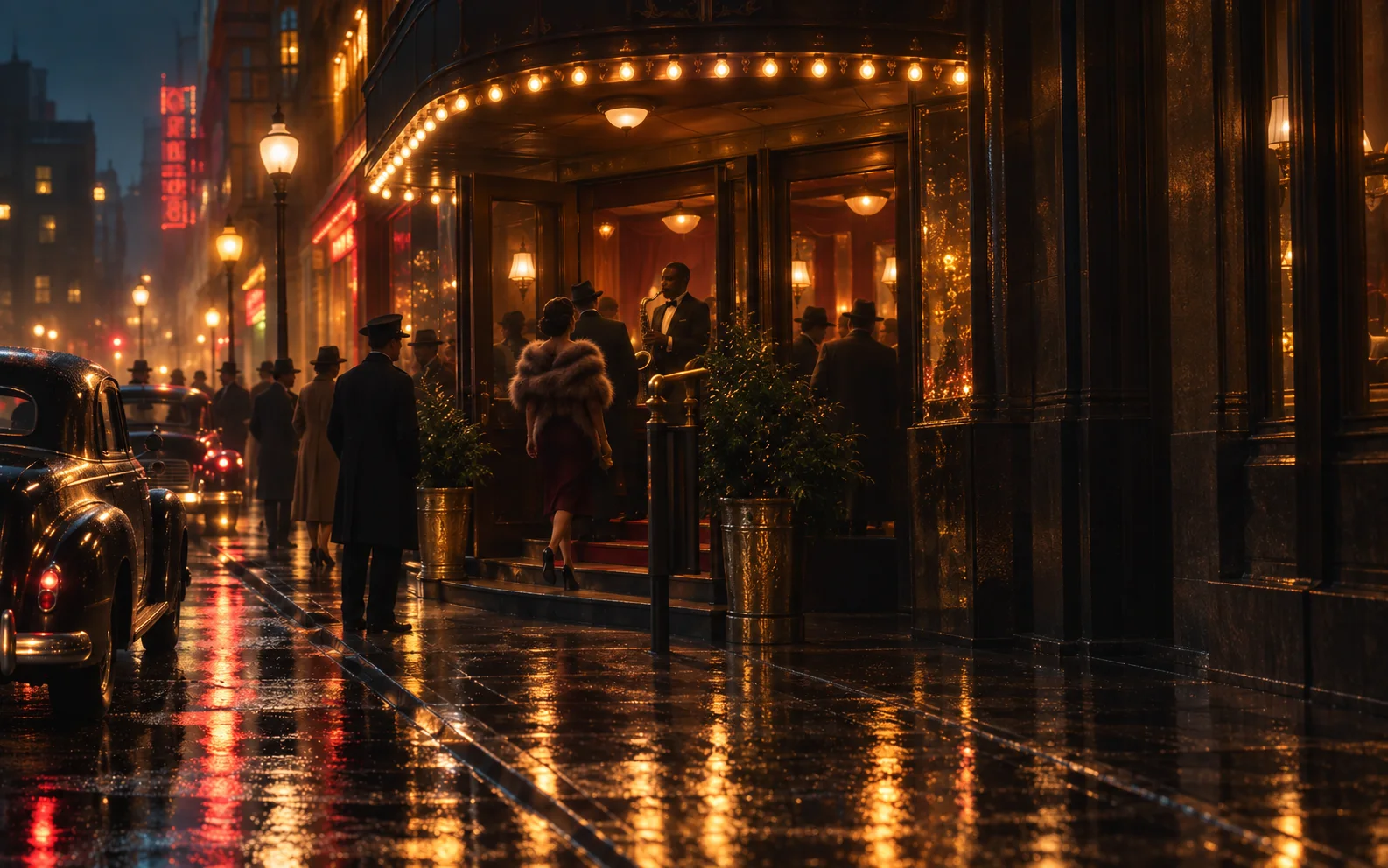 Representative 1940s night street film frame transitioning from monochrome to colour