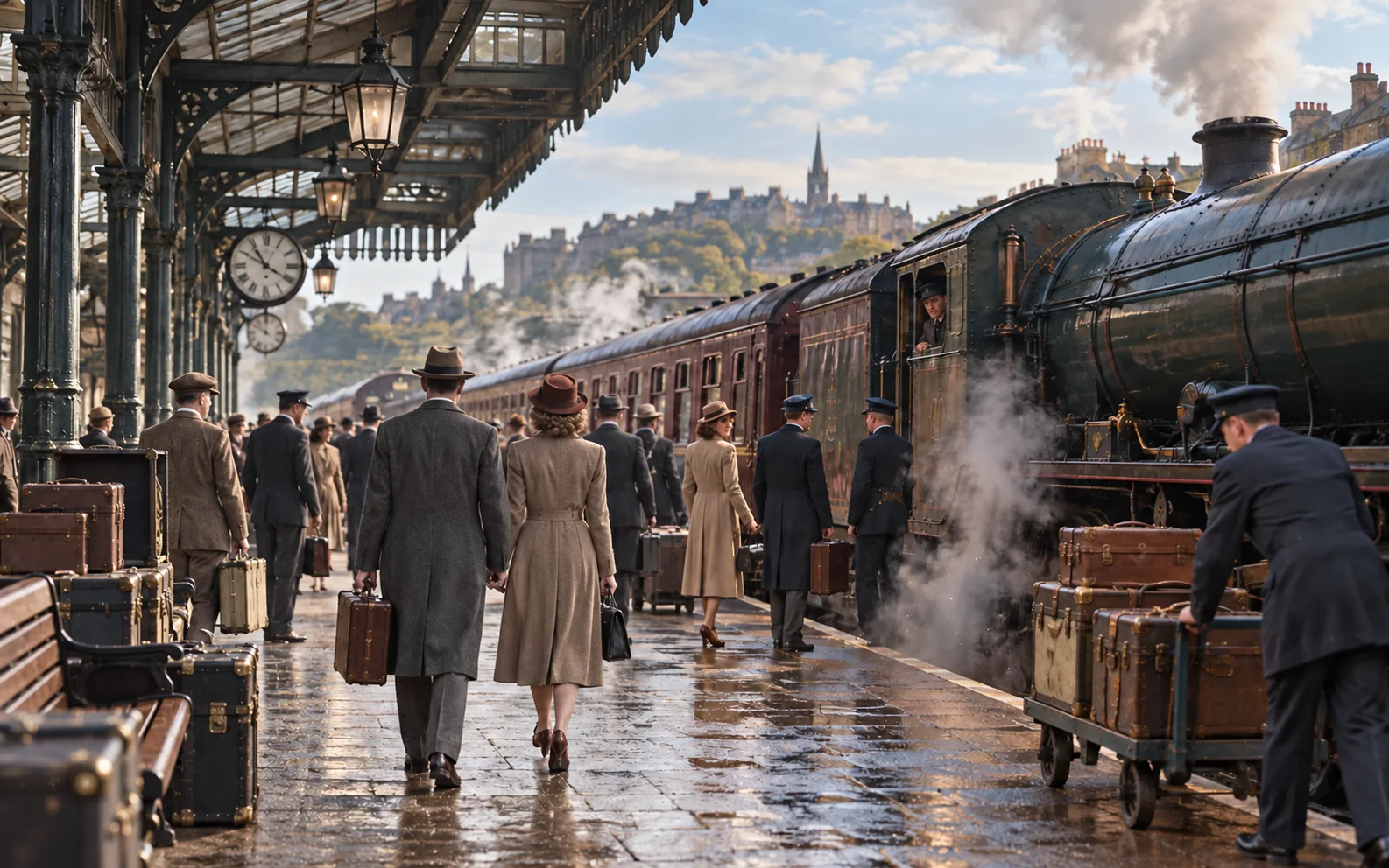 Representative 1930s railway film frame transitioning from monochrome to colour