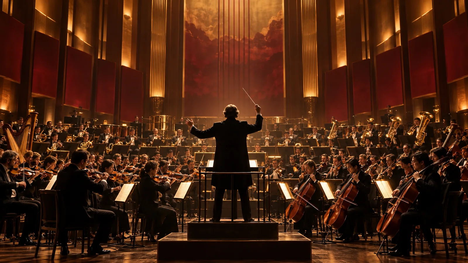 A conductor leading a full orchestra on a cinematic scoring stage