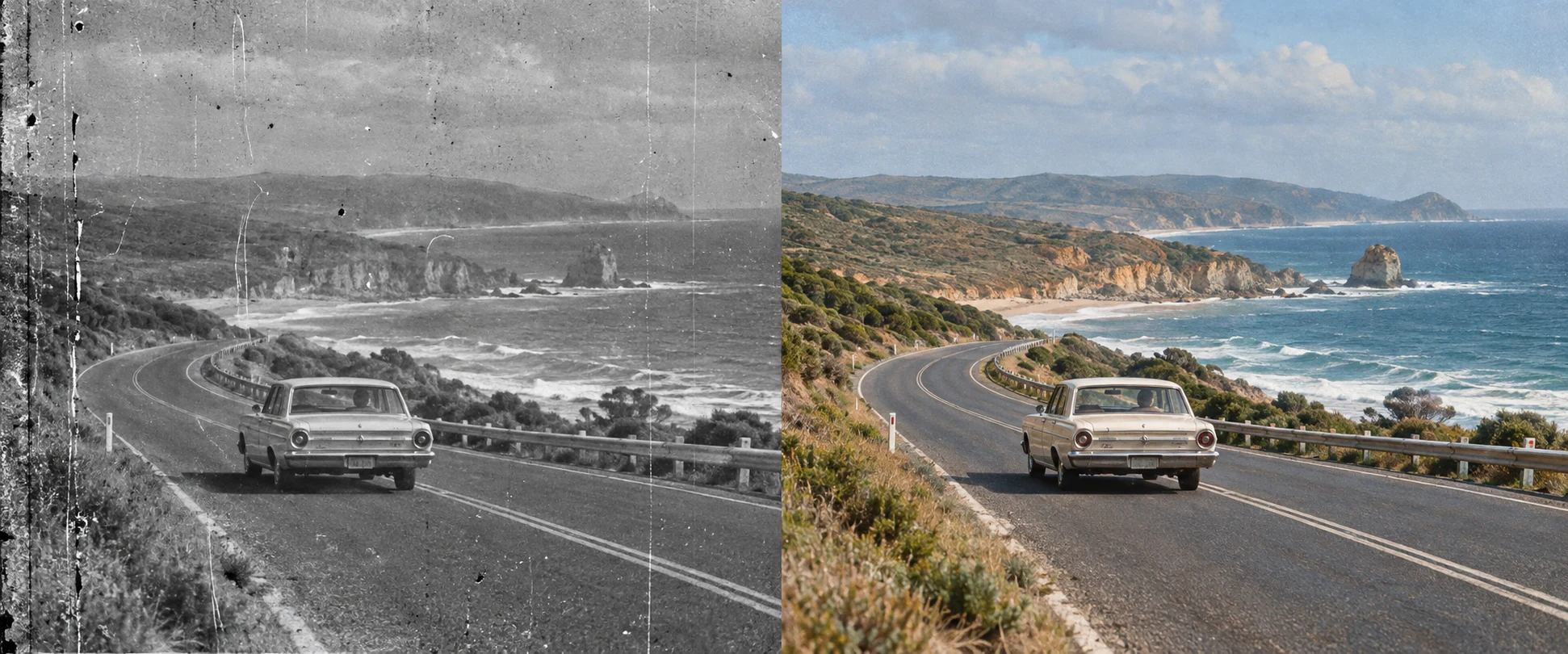 An archival film image shown before and after restoration