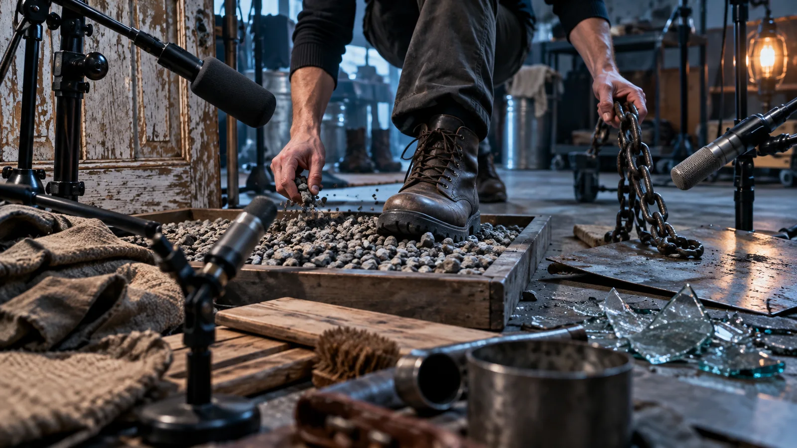 A foley artist creating physical sound effects with props and microphones