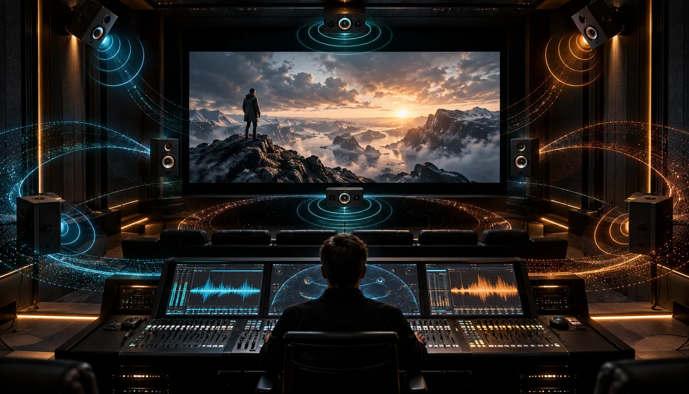 A theatrical mix stage with spatial 5.1 audio visualisation