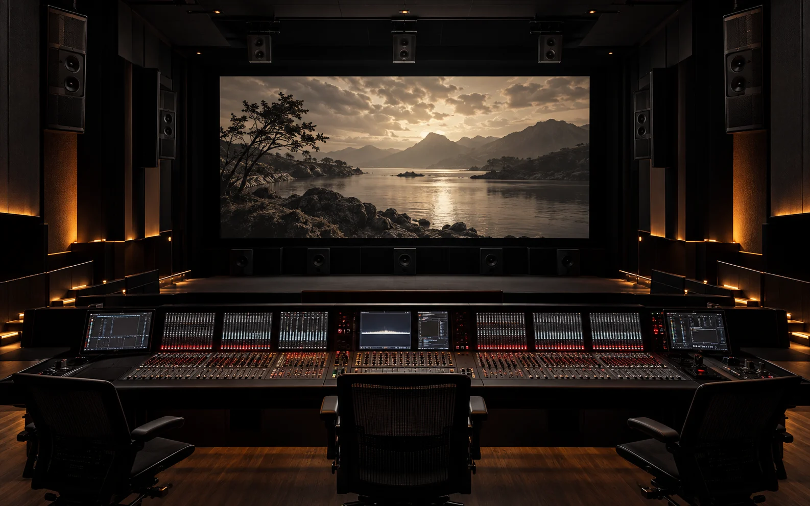 A theatrical cinema mixing stage configured for surround sound