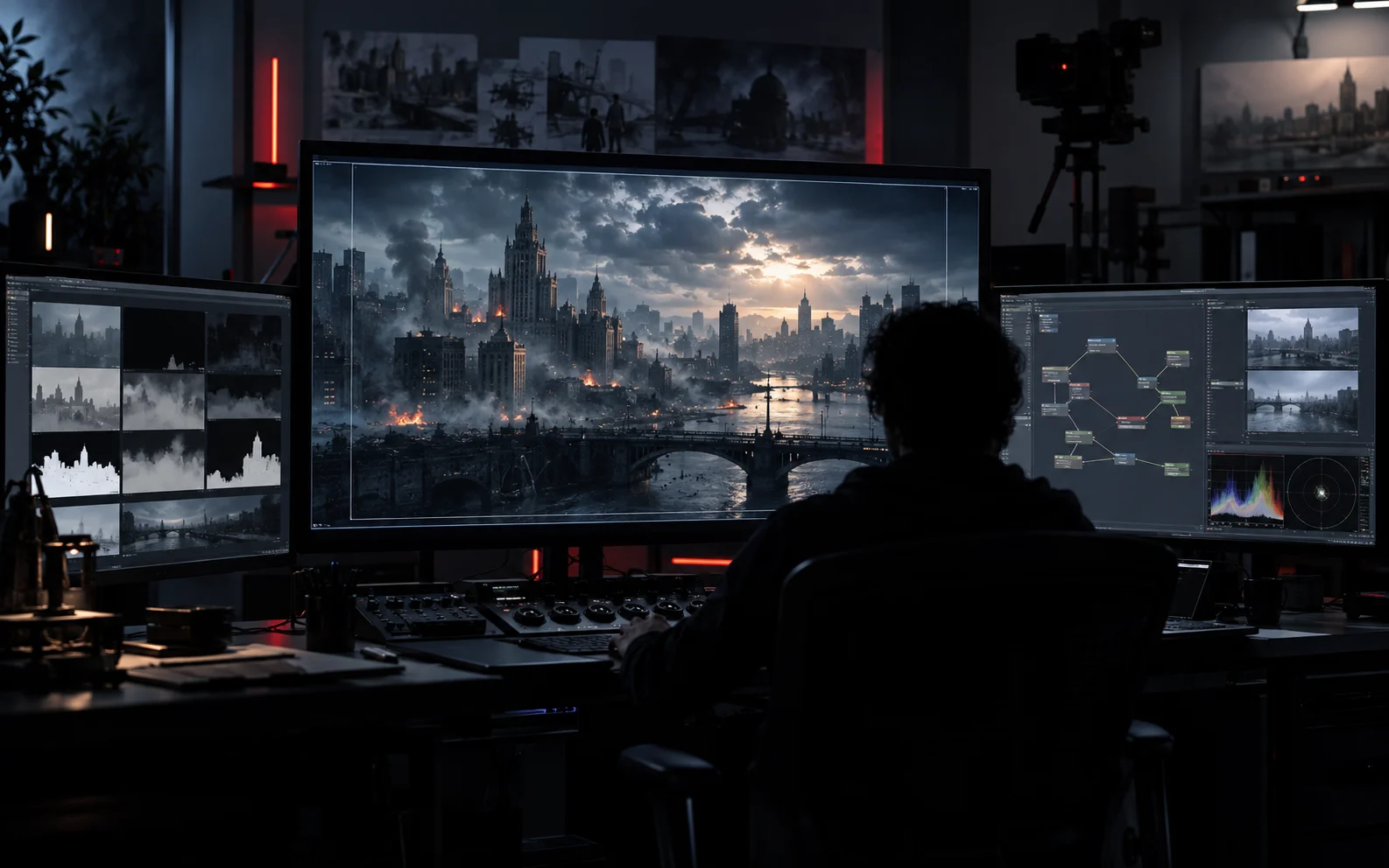 An artist using an advanced visual production workstation